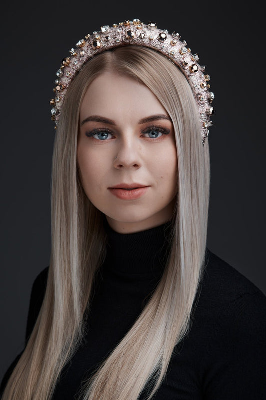 1. Women's high headband Abby with Swarovski and Preciosa crystals in lifestyle setting