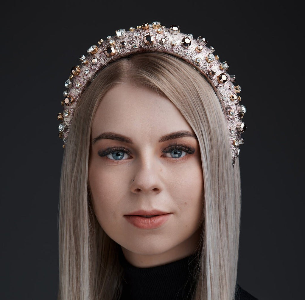 2. Close-up of women's high headband Abby with Swarovski and Preciosa crystals
