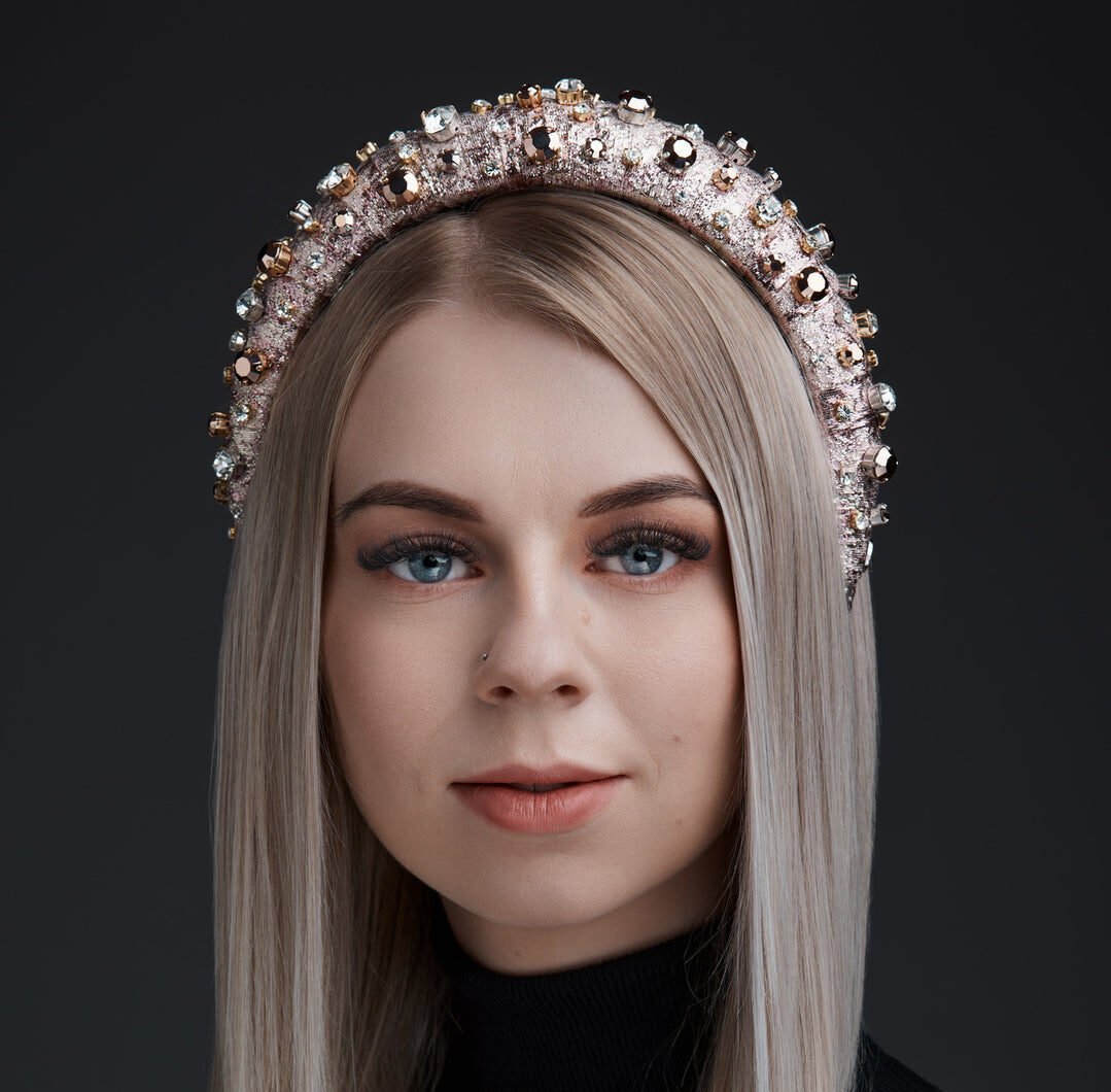 2. Close-up of women's high headband Abby with Swarovski and Preciosa crystals