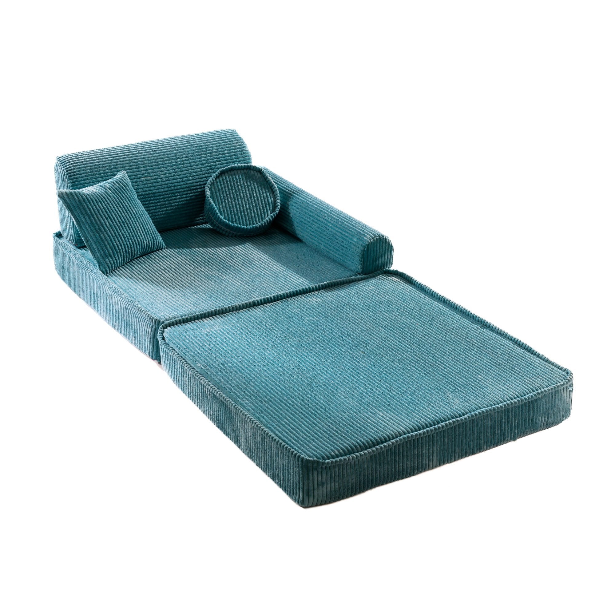 3. Turquoise corduroy modular sofa for kids in a reclined position with cushions