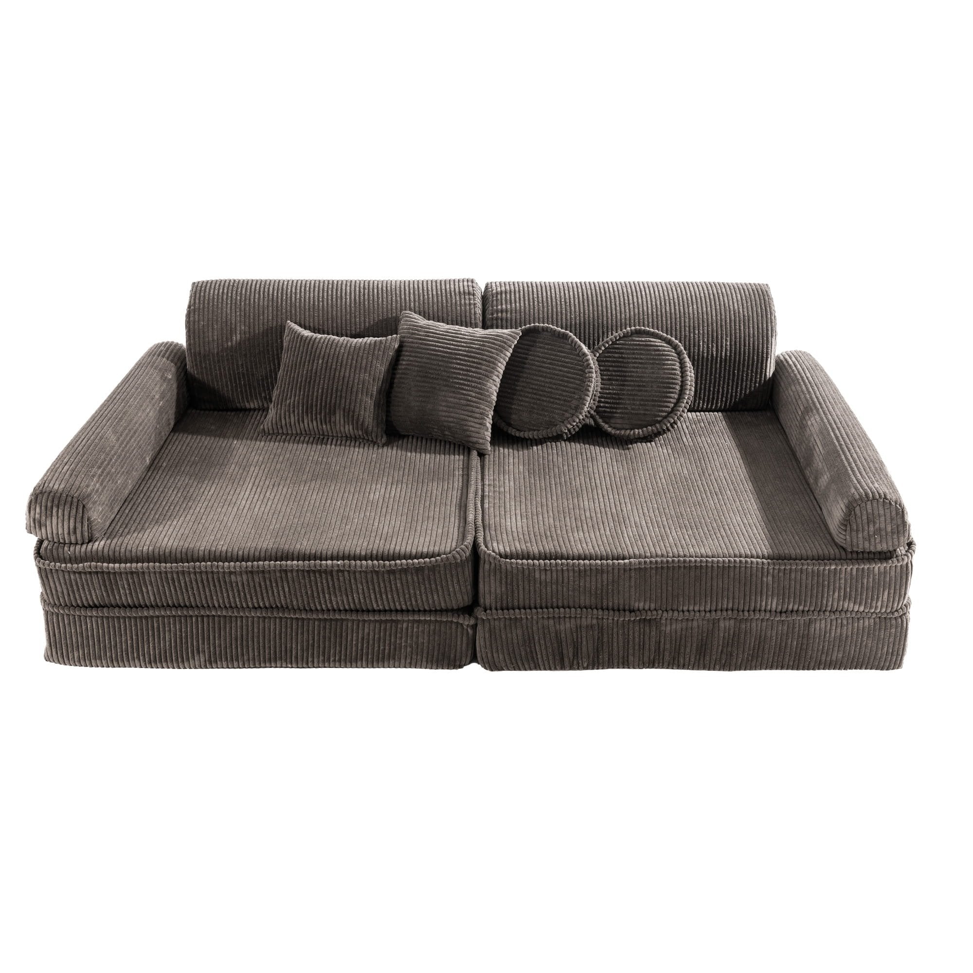 1. Large modular children's sofa in premium brown corduroy with multiple cushions, shown in a studio setting