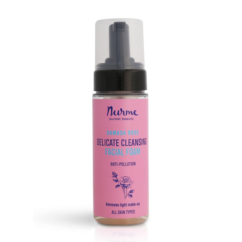 5. Studio image of Nurme Rose Face Cleansing Foam bottle, highlighting product details and branding