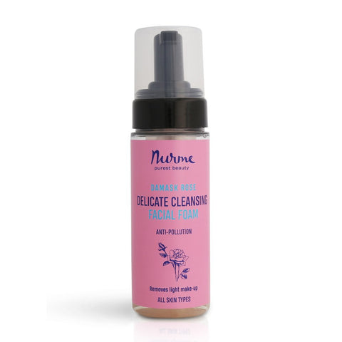 5. Studio image of Nurme Rose Face Cleansing Foam bottle, highlighting product details and branding