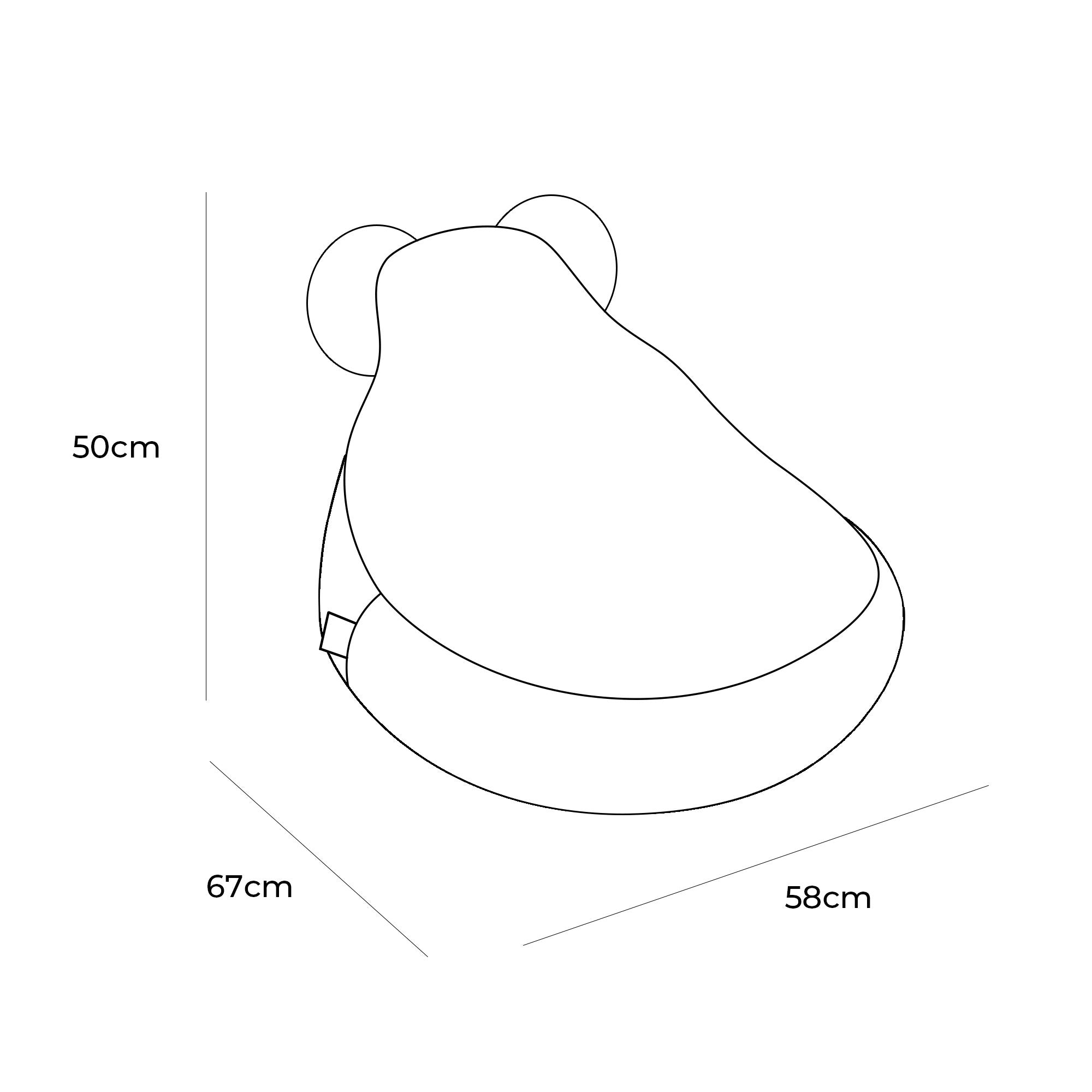 2. Size chart for MeowBaby Slimcord Teddy Sako Bag showing dimensions: 50cm height, 67cm length, 58cm width