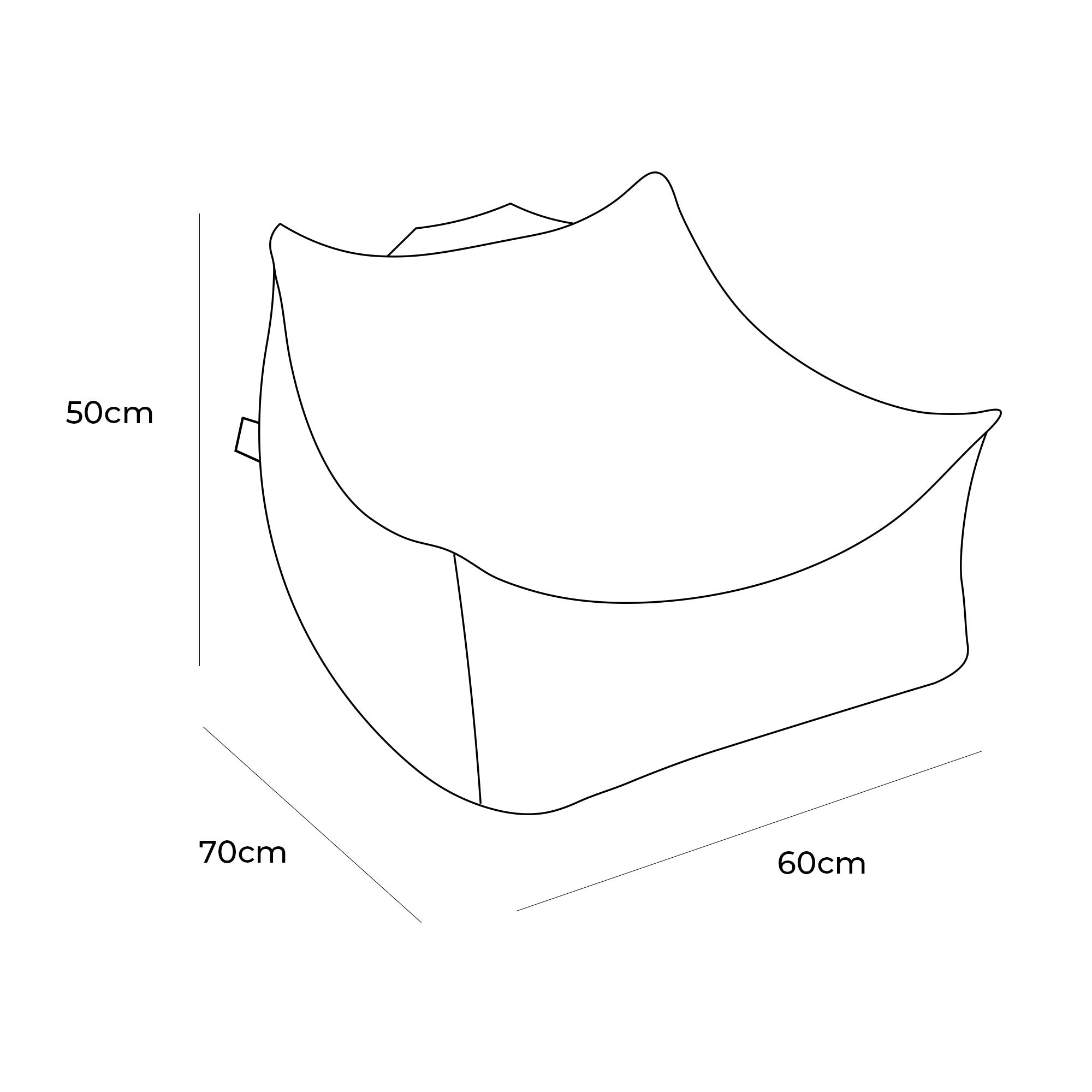 2. Size chart for MeowBaby Bearly Sako Bag showing dimensions 70cm by 60cm by 50cm