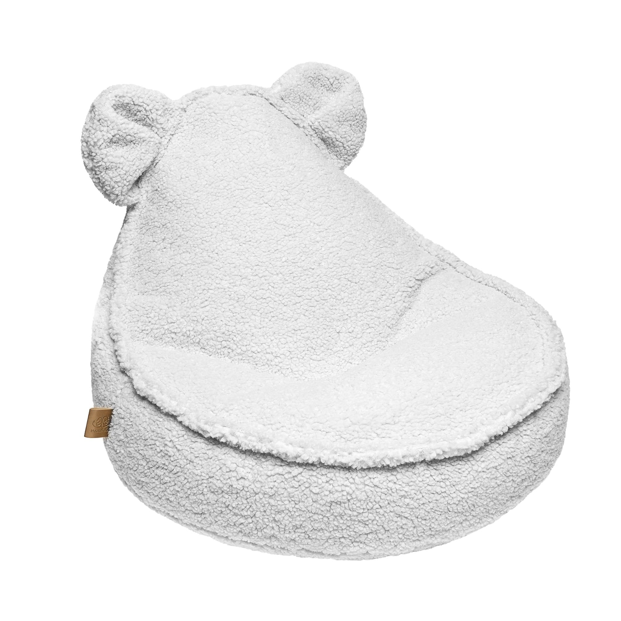 1. White teddy bear-shaped pouf for children with soft texture and ears, made by MeowBaby, shown in a studio setting