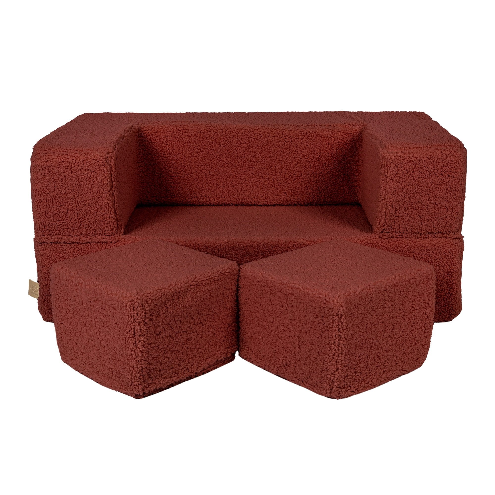 1. Brown MeowBaby children's sofa with two matching poufs in a studio setting