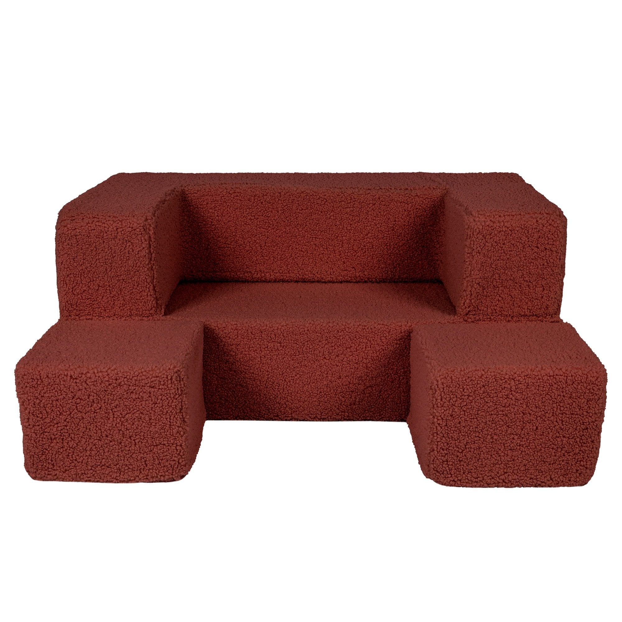 2. Brown MeowBaby children's sofa with poufs arranged in front, studio background