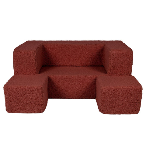 2. Brown MeowBaby children's sofa with poufs arranged in front, studio background