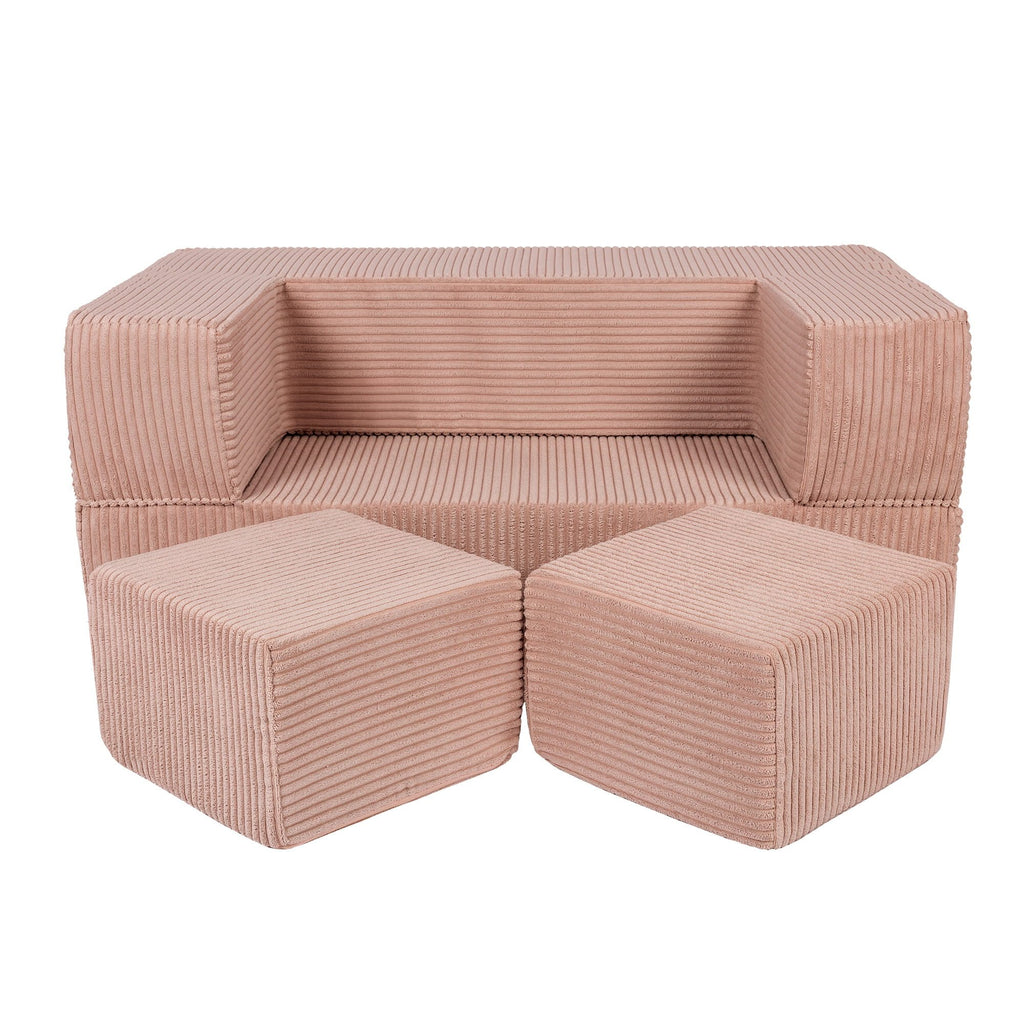 1. MeowBaby children's powder pink velvet cube sofa with two matching poufs on a white background