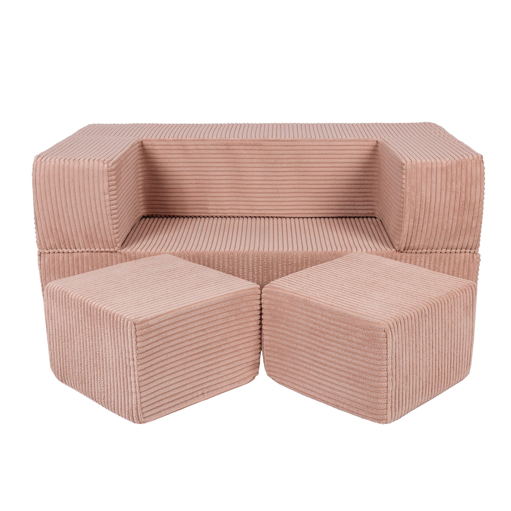 1. MeowBaby children's powder pink velvet cube sofa with two matching poufs on a white background