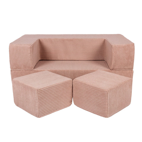 1. MeowBaby children's powder pink velvet cube sofa with two matching poufs on a white background