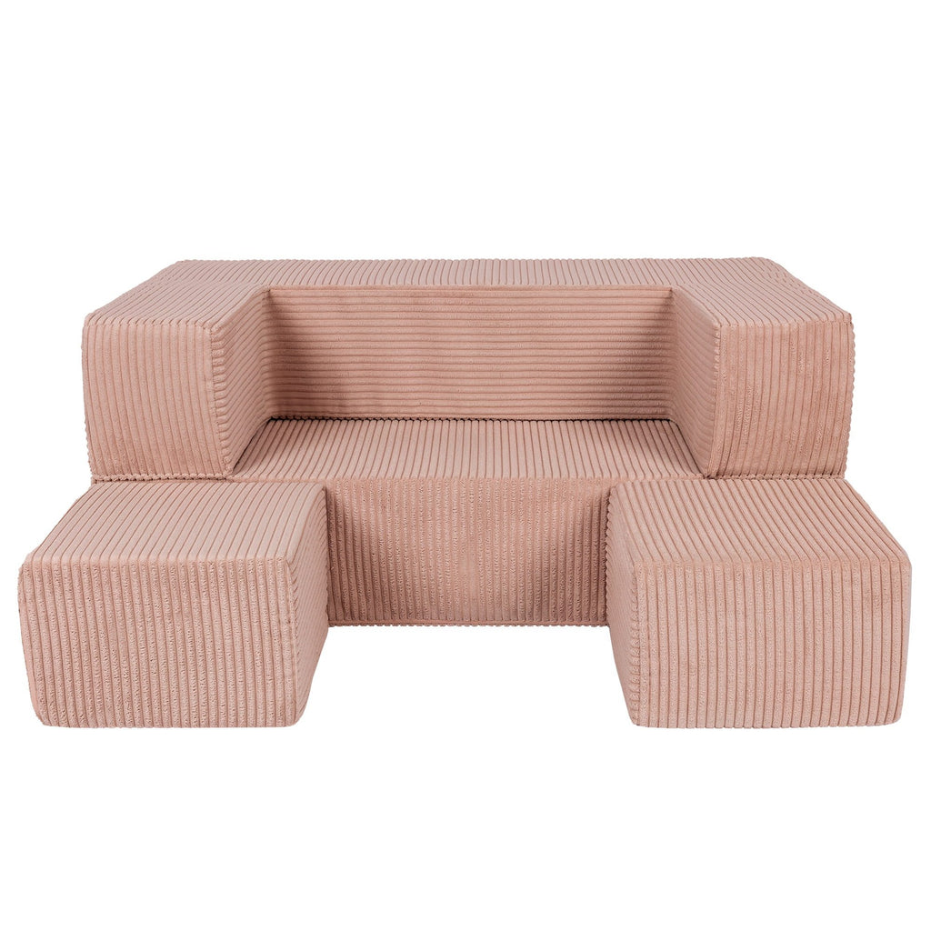 4. MeowBaby children's powder pink velvet cube sofa with poufs arranged in front on a white background
