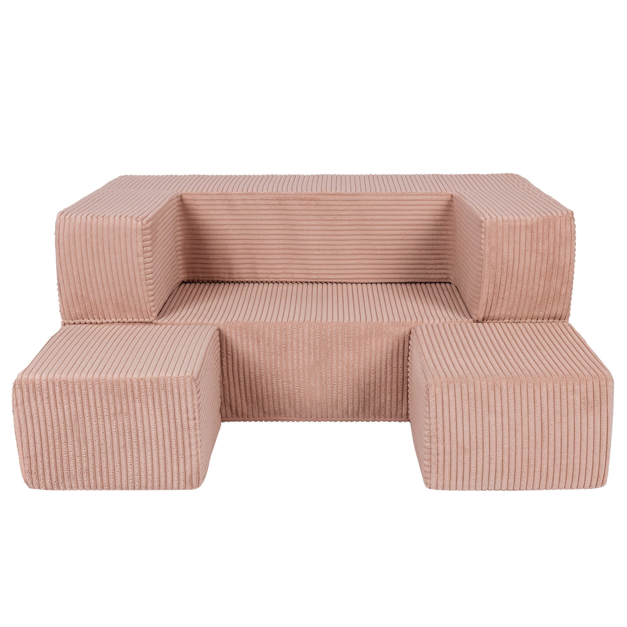 4. MeowBaby children's powder pink velvet cube sofa with poufs arranged in front on a white background