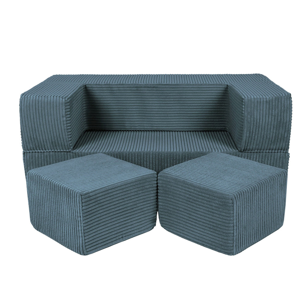 1. MeowBaby children's turquoise velvet cube sofa with two poufs in a studio setting