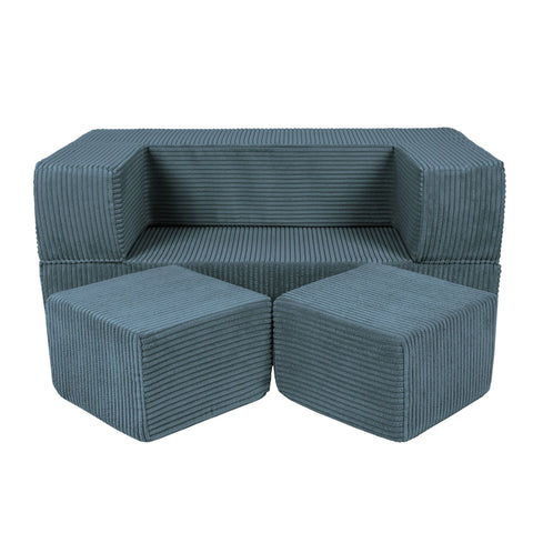 1. MeowBaby children's turquoise velvet cube sofa with two poufs in a studio setting