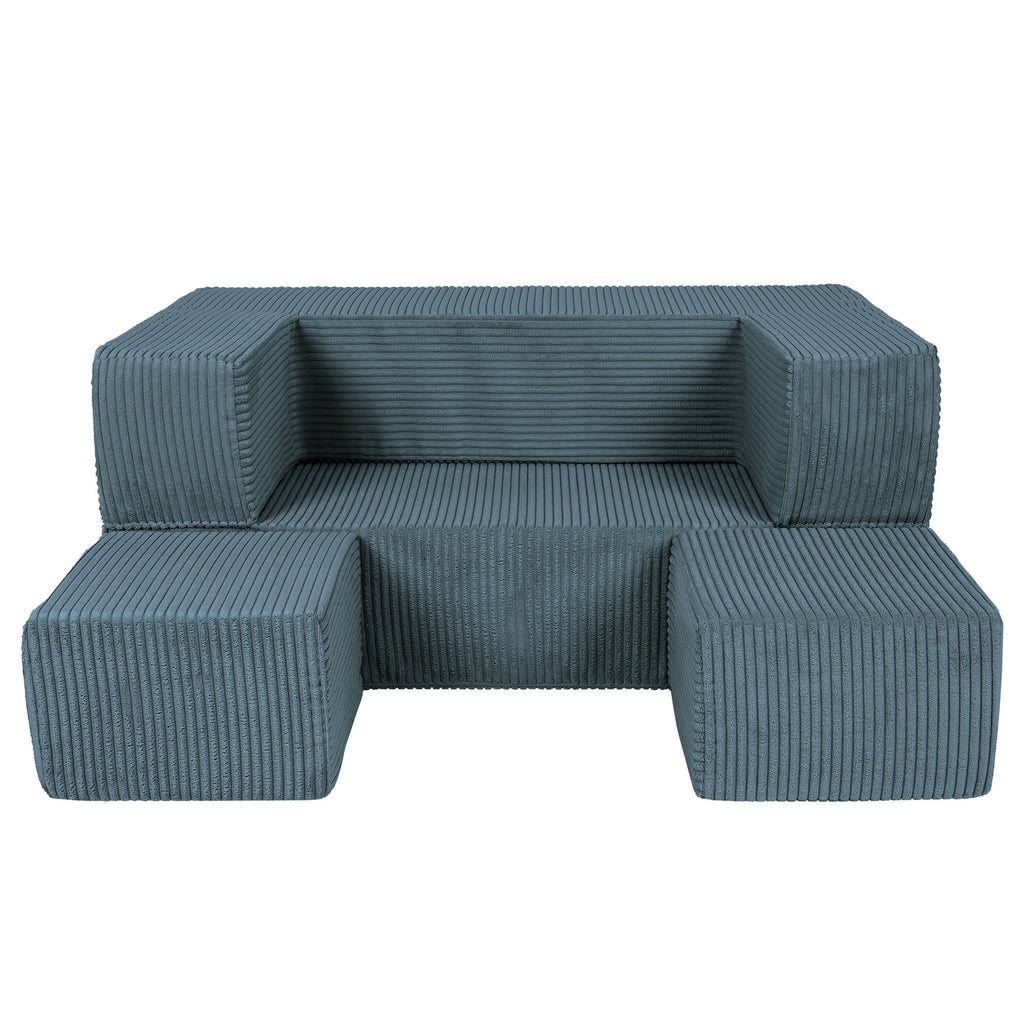 2. MeowBaby children's turquoise velvet cube sofa with poufs arranged in front