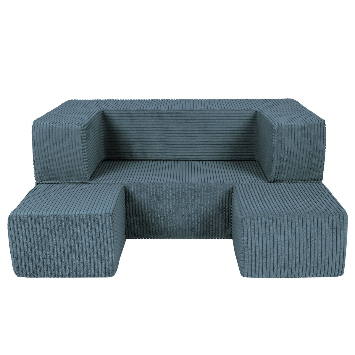 2. MeowBaby children's turquoise velvet cube sofa with poufs arranged in front