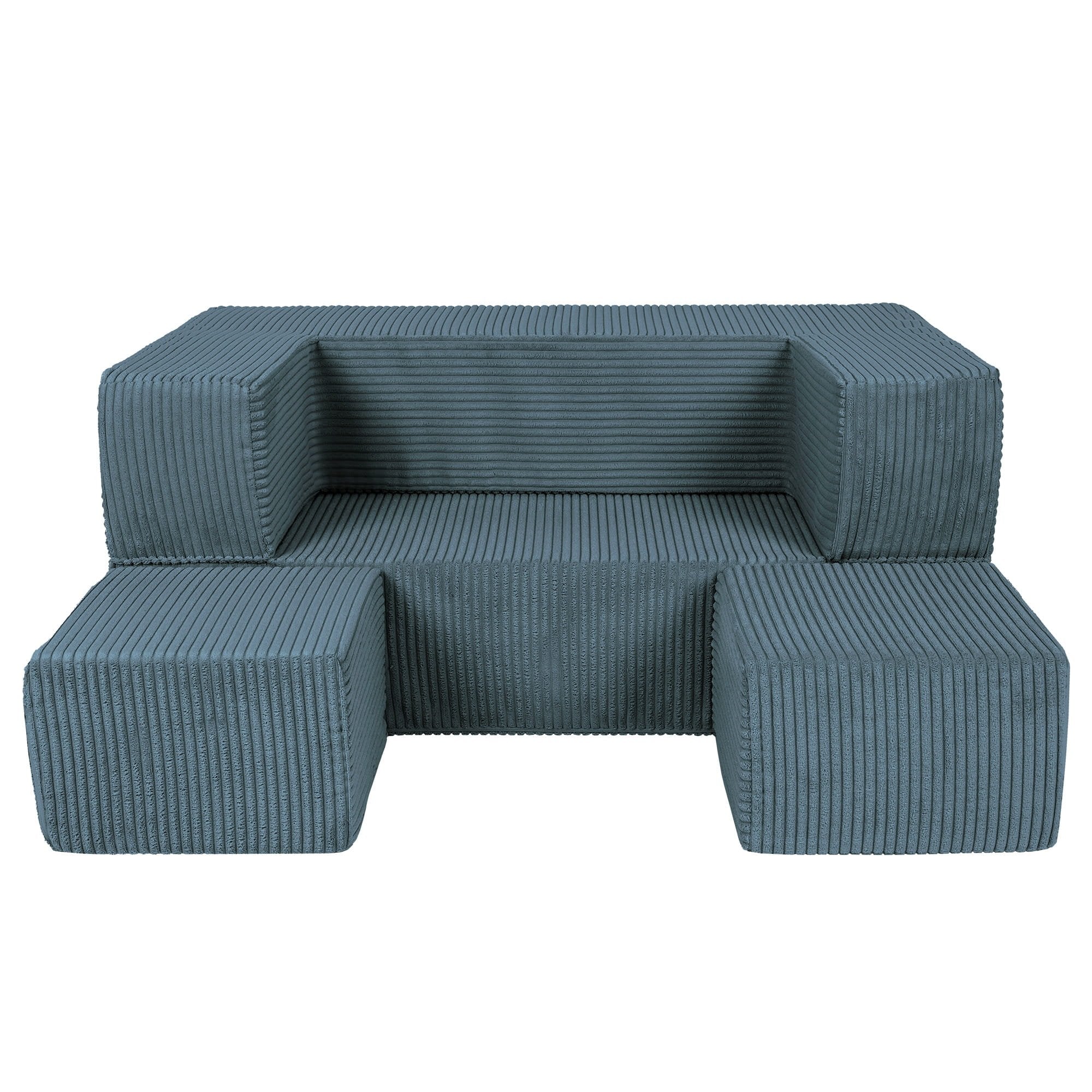 2. MeowBaby children's turquoise velvet cube sofa with poufs arranged in front