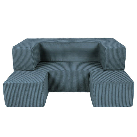 2. MeowBaby children's turquoise velvet cube sofa with poufs arranged in front