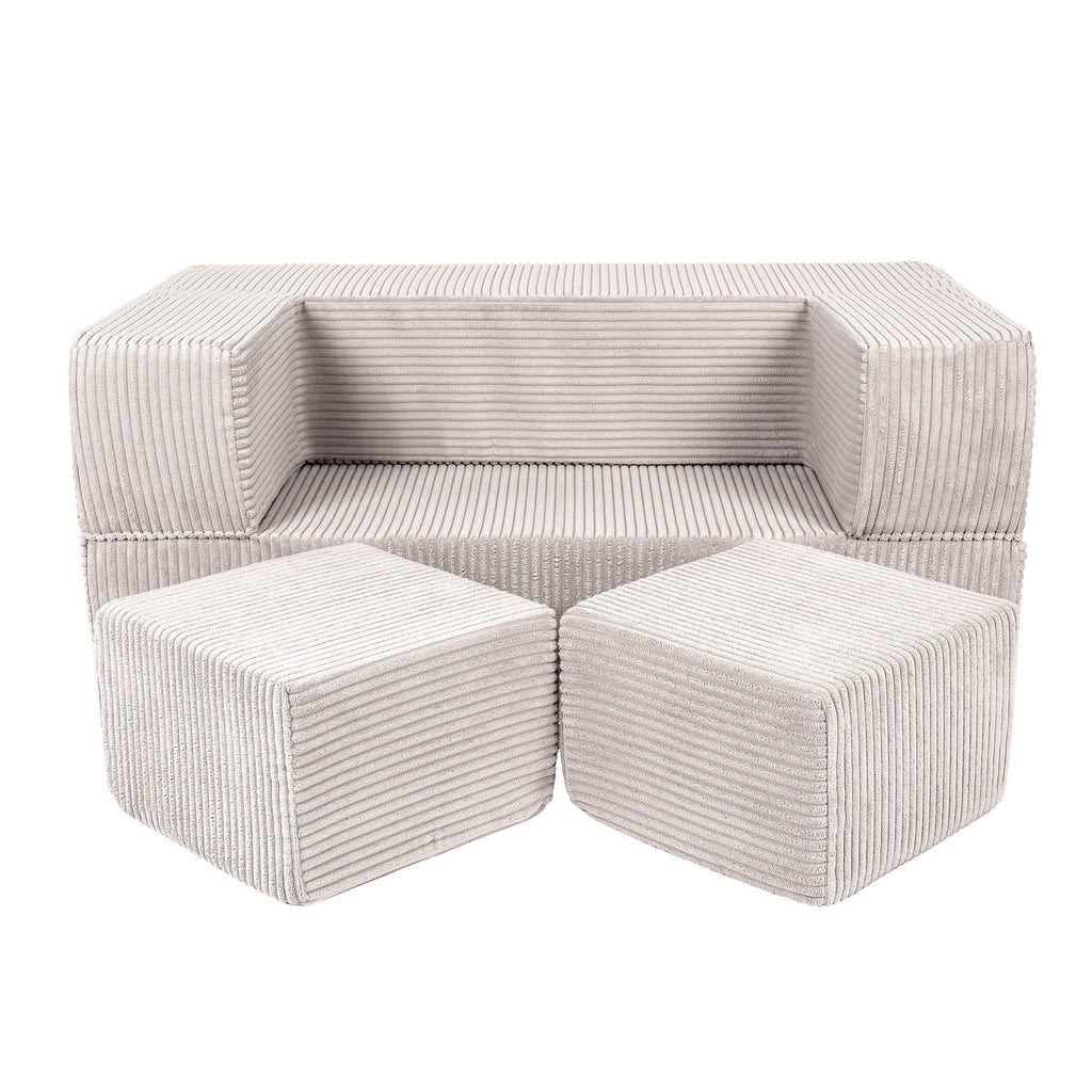 1. MeowBaby children's ecru velvet cube sofa with two matching poufs on a white background