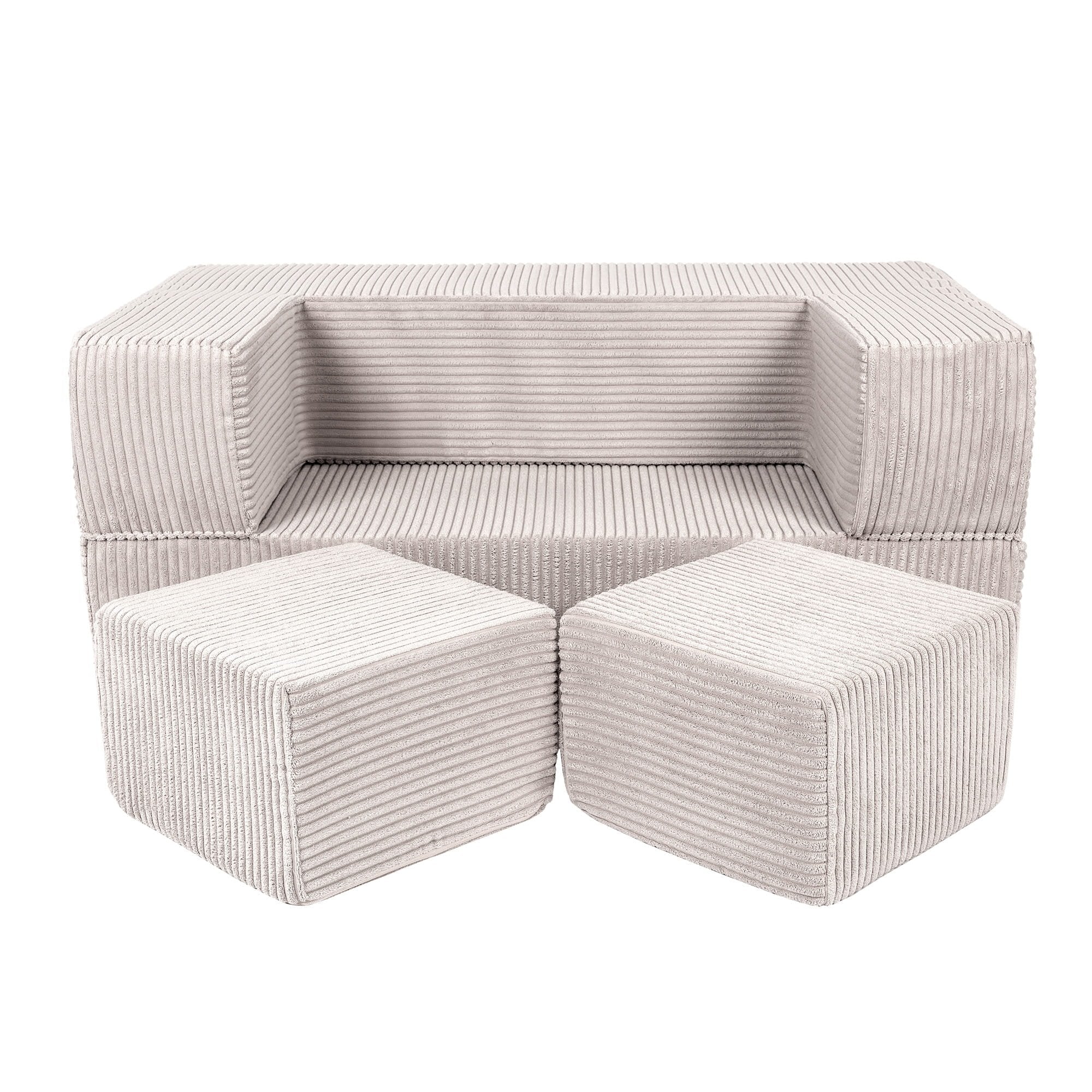 1. MeowBaby children's ecru velvet cube sofa with two matching poufs on a white background
