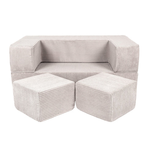 1. MeowBaby children's ecru velvet cube sofa with two matching poufs on a white background