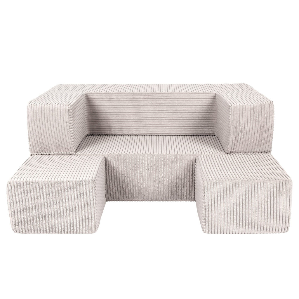 5. Front view of MeowBaby ecru velvet cube sofa with two poufs arranged in front