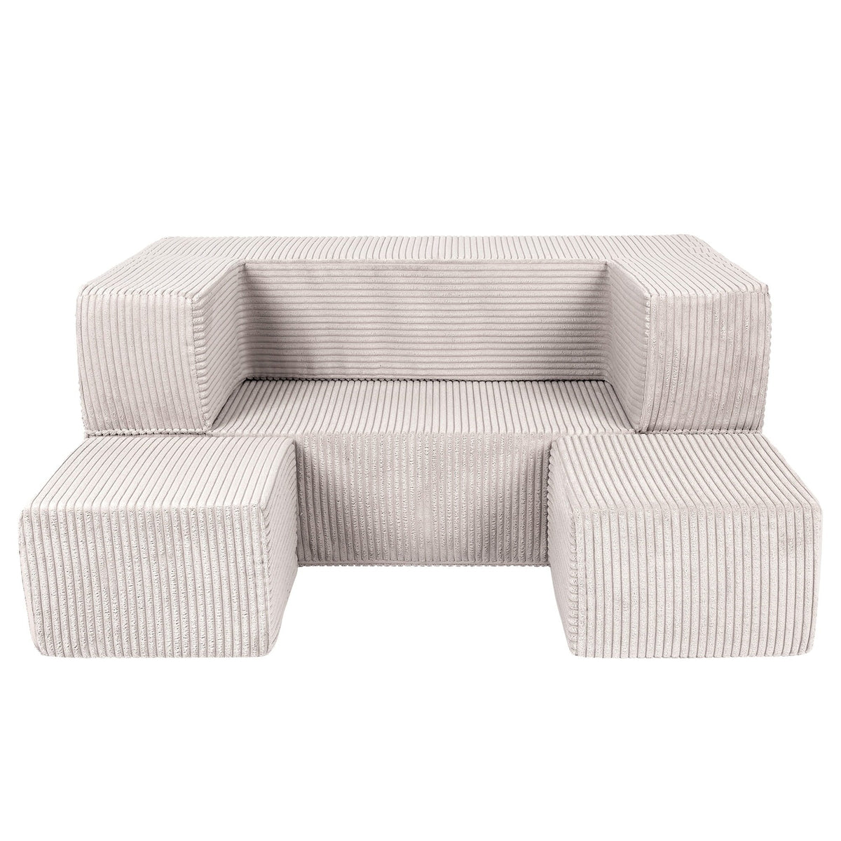 5. Front view of MeowBaby ecru velvet cube sofa with two poufs arranged in front