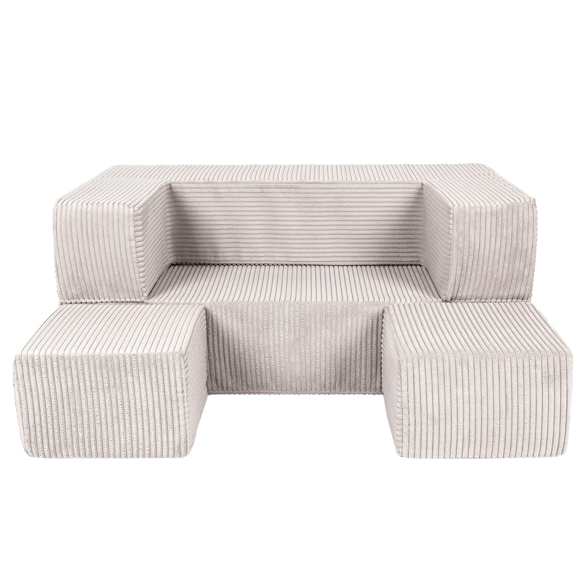 5. Front view of MeowBaby ecru velvet cube sofa with two poufs arranged in front