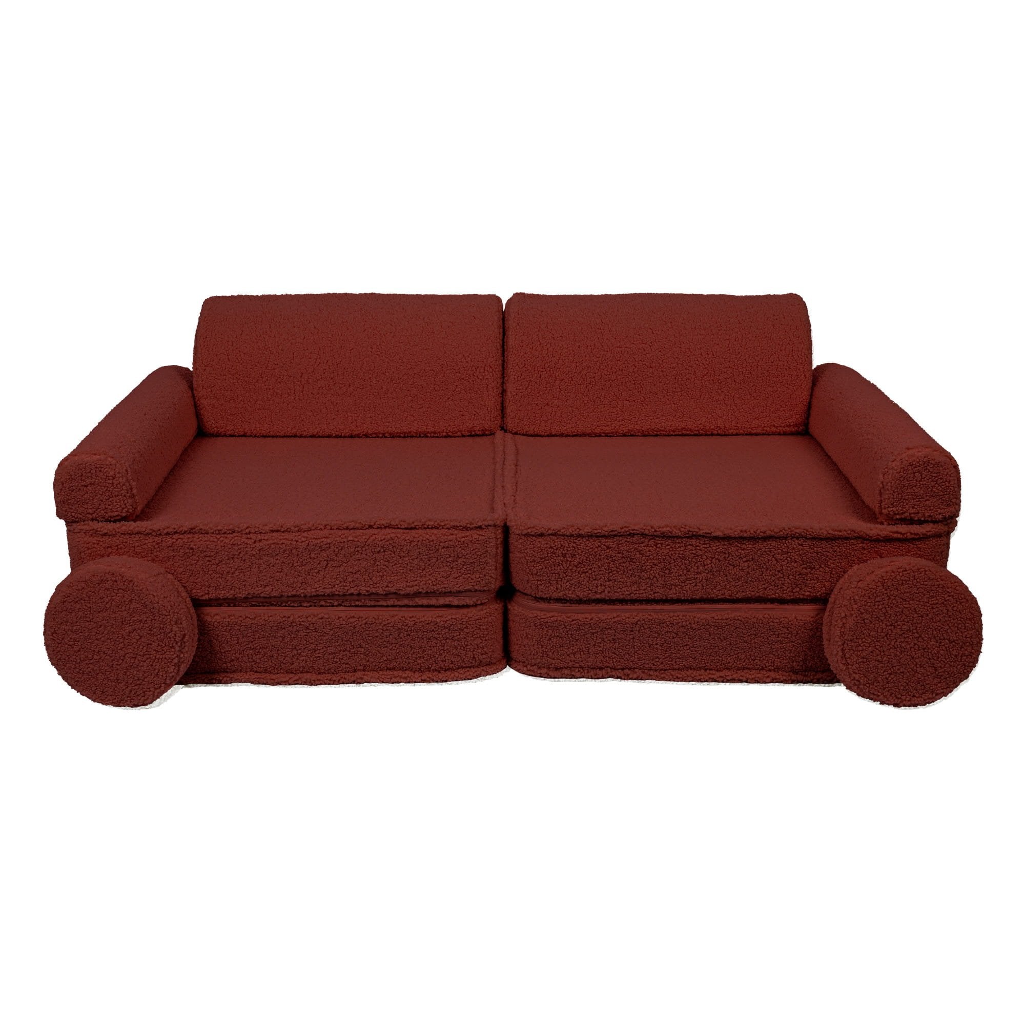 1. Large brown modular children's sofa with two back cushions and circular side pillows, shown in a studio setting