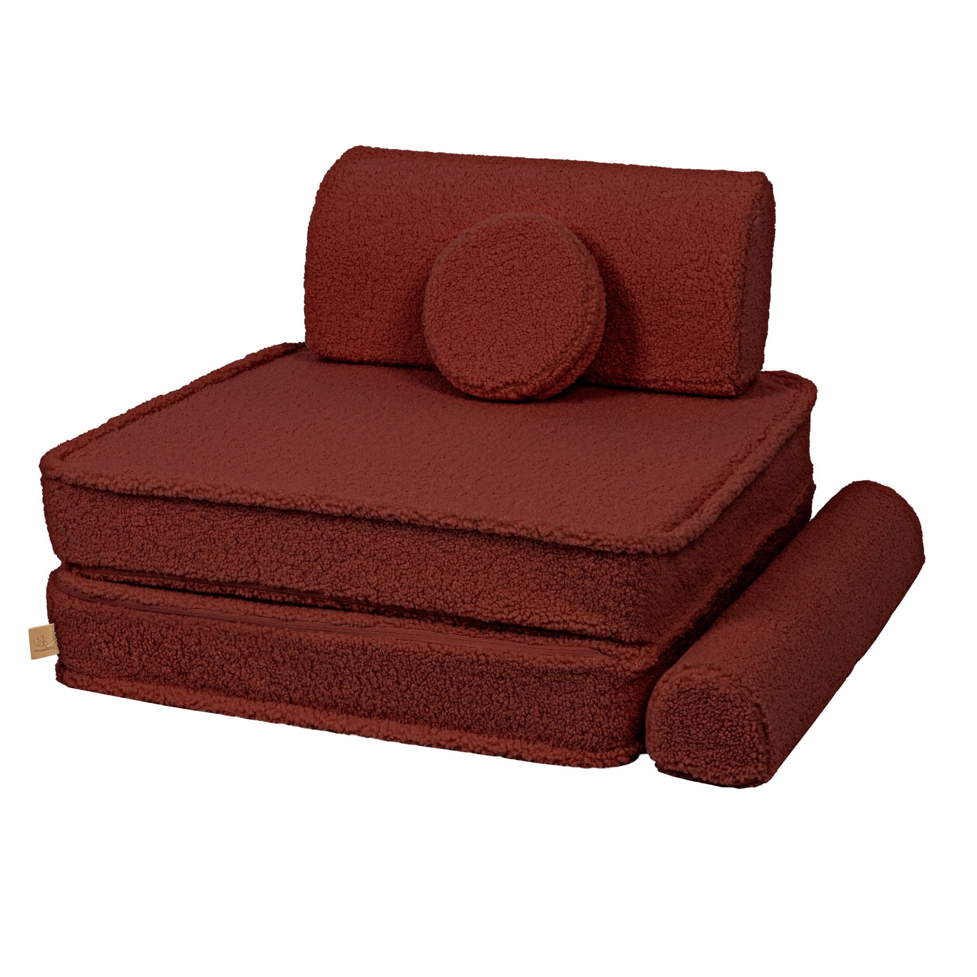 4. Brown modular sofa configured as a single seat with a backrest and circular pillow, demonstrating flexibility