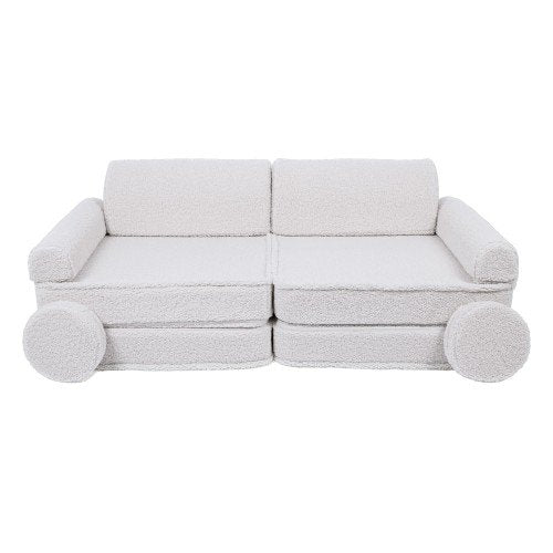 1. Large modular children's sofa in premium bearly white with two seats and round cushions on a clean background