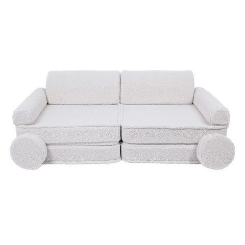 1. Large modular children's sofa in premium bearly white with two seats and round cushions on a clean background