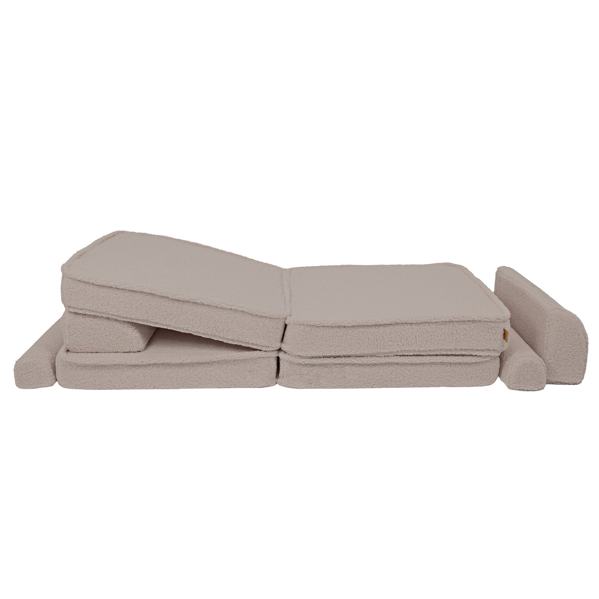 4. Light grey modular sofa pieces laid flat, demonstrating adjustable configuration