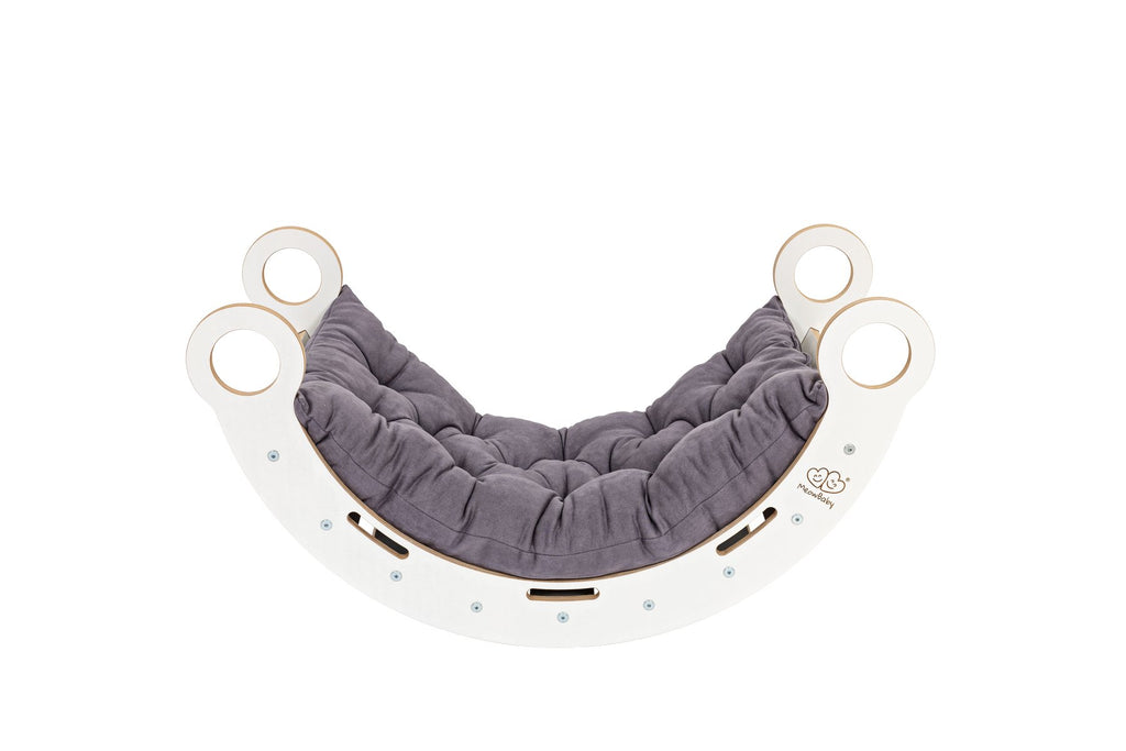 2. White wooden dream rocker with grey cushion, emphasizing stylish and cozy design