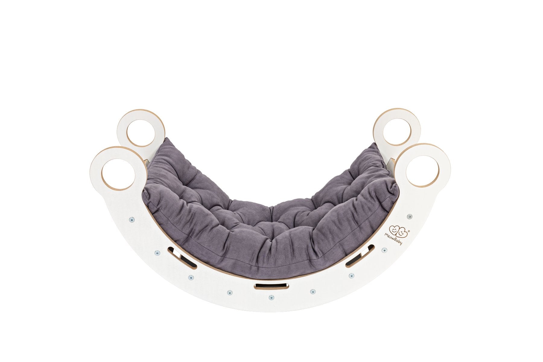 2. White wooden dream rocker with grey cushion, emphasizing stylish and cozy design