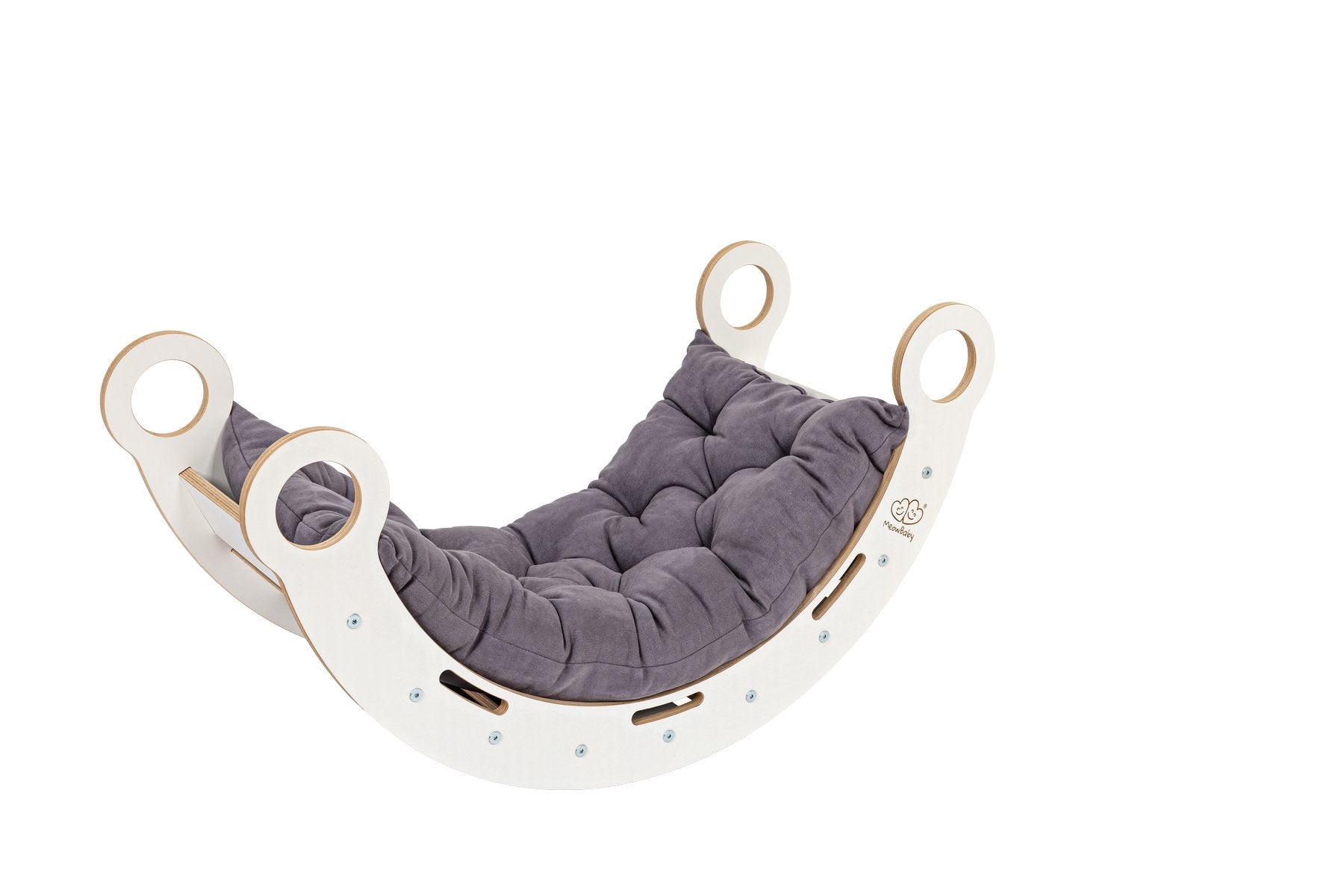 3. White wooden dream rocker with grey cushion on black background