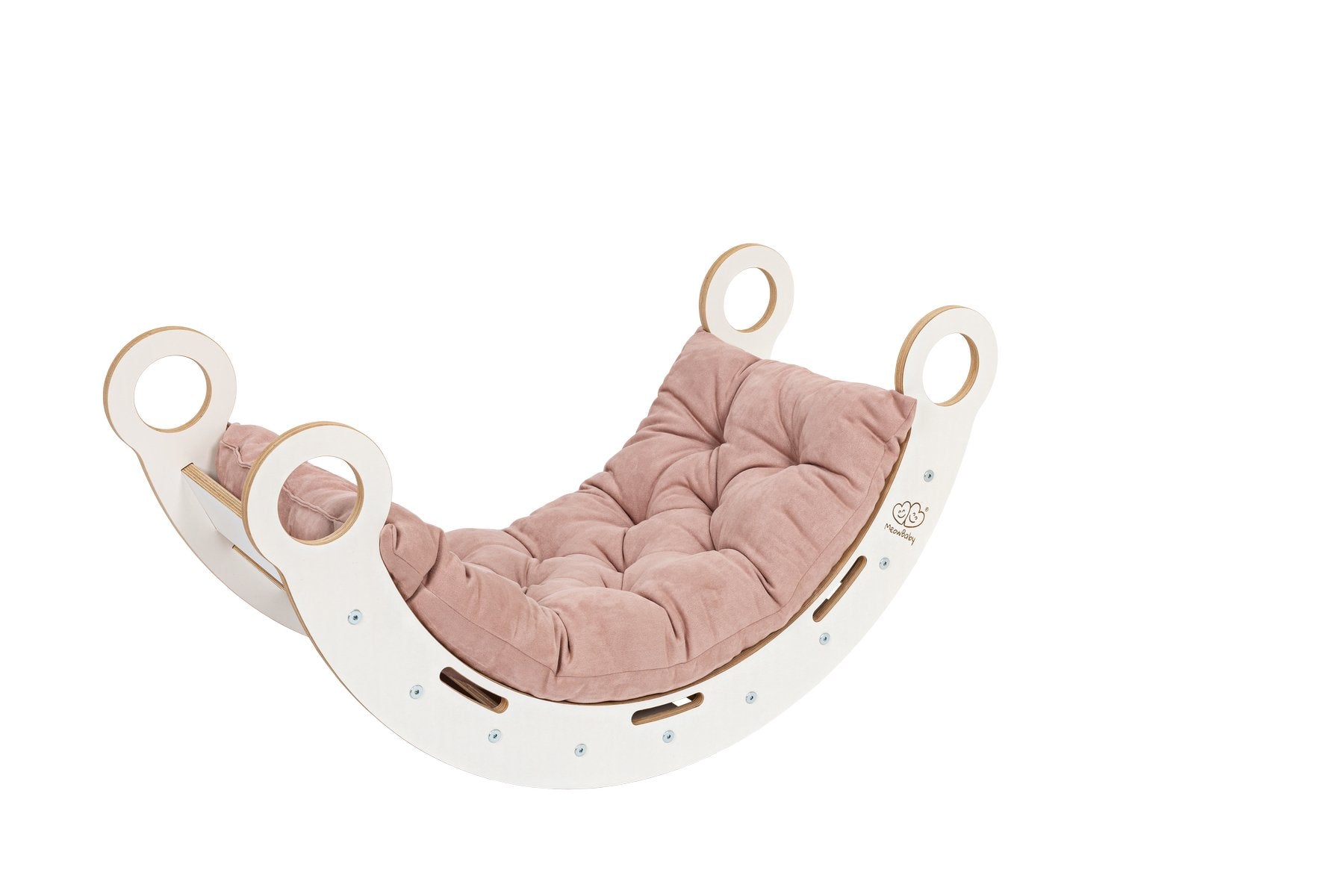 3. White wooden dream rocker with pink cushion on black background