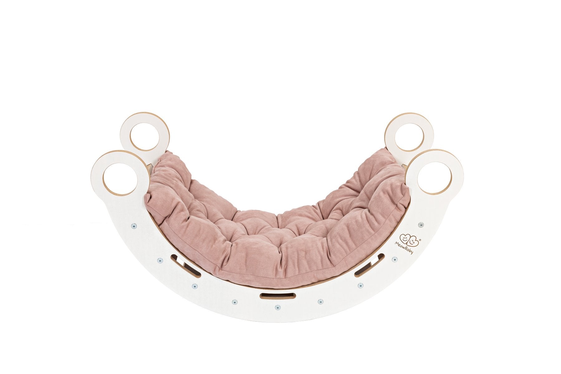 2. White wooden dream rocker with pink cushion, highlighting Scandinavian design and comfort