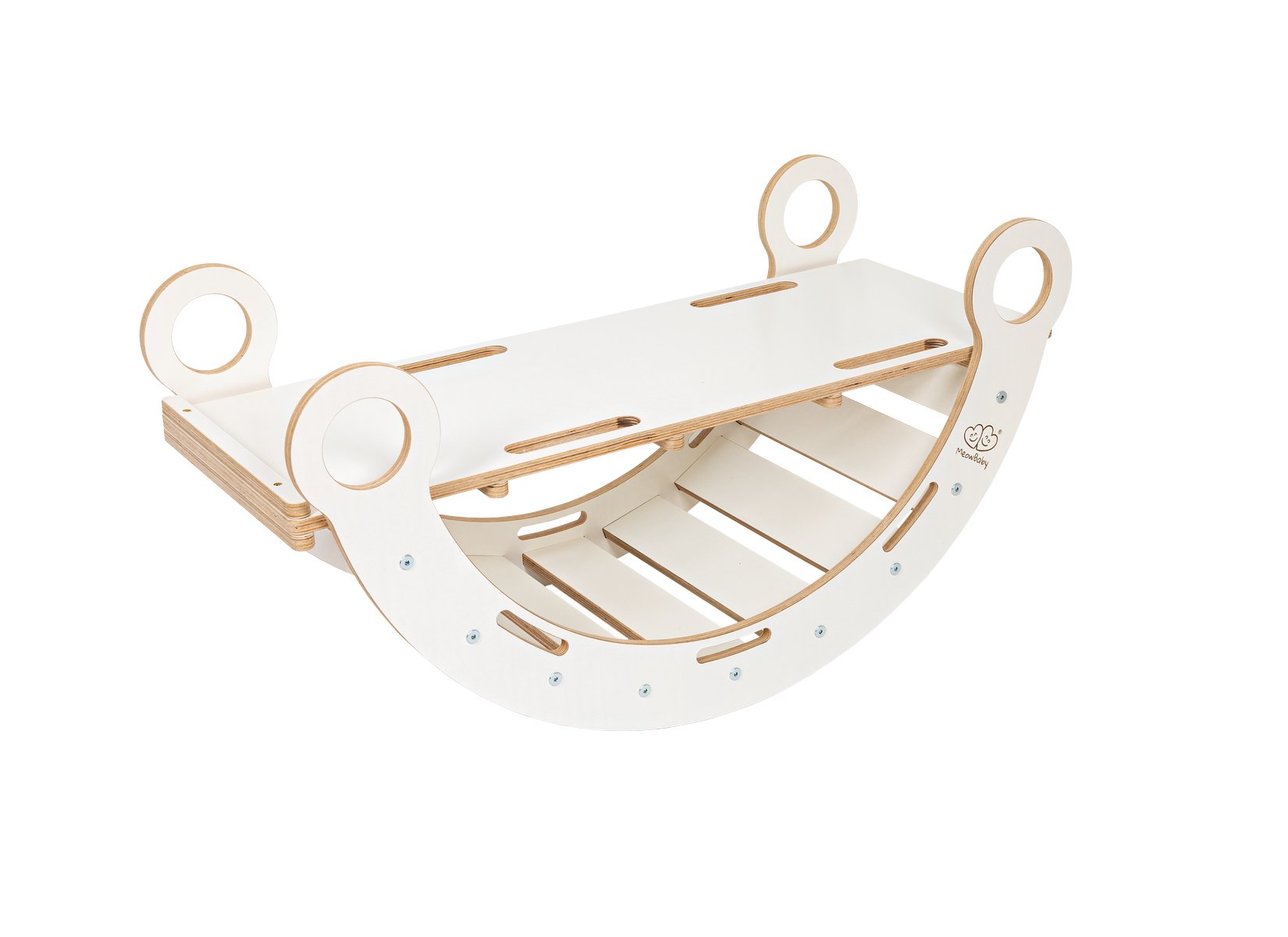 1. White wooden dream rocker with circular handles and slatted base on black background
