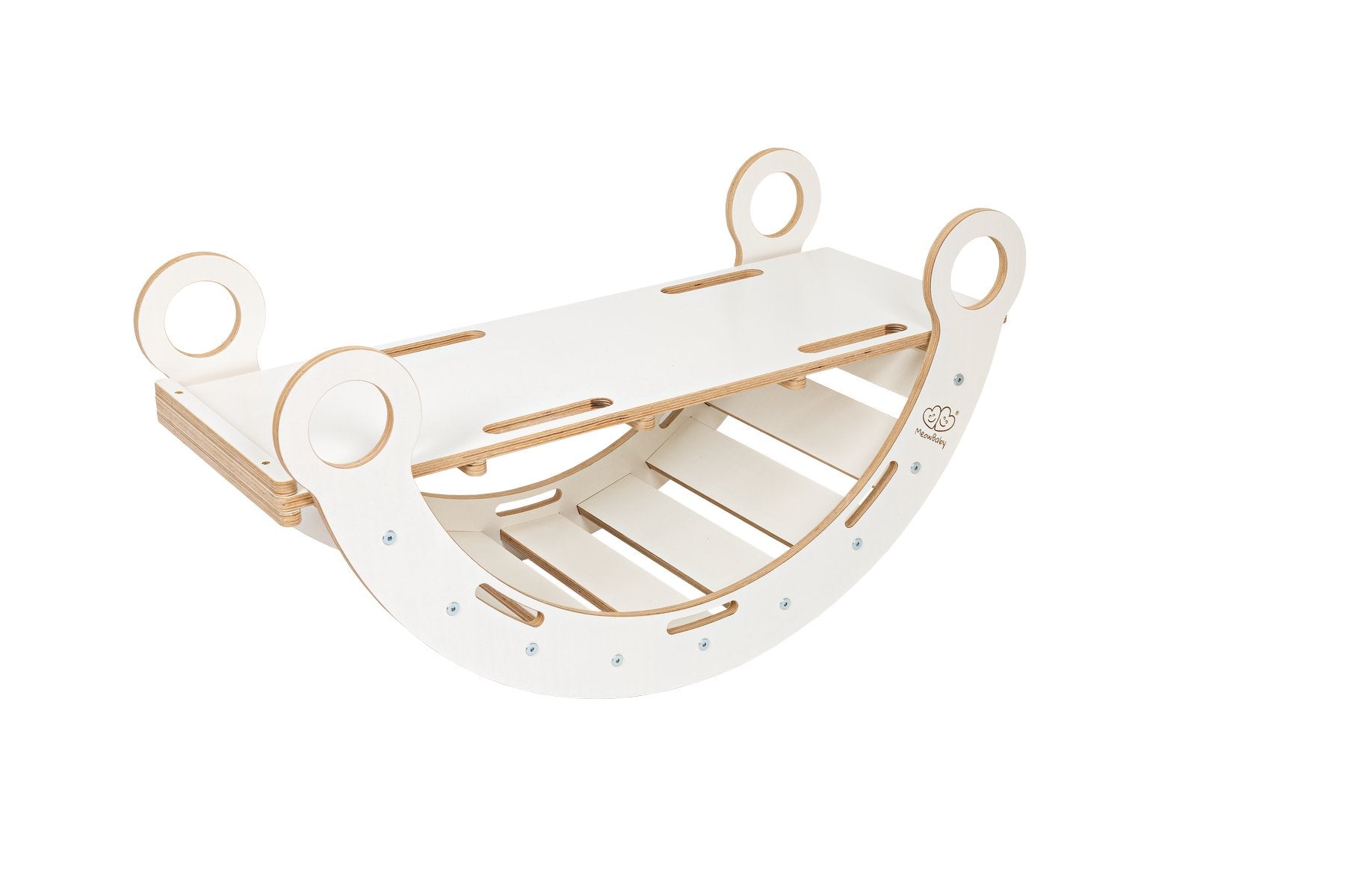 3. White wooden dream rocker with slide attachment, highlighting versatility and functionality
