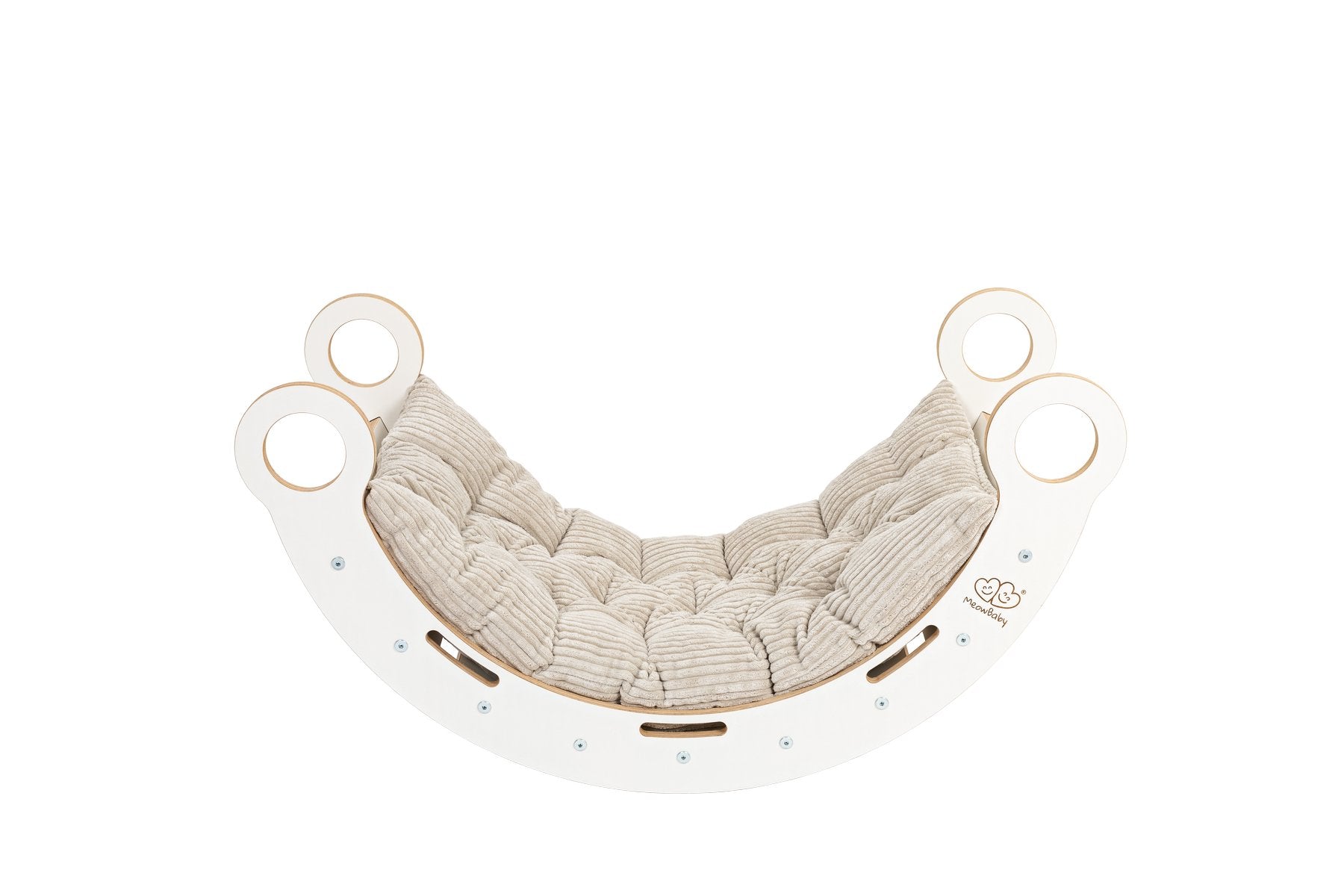 2. White wooden dream rocker with beige cushion, showcasing elegant and comfortable design