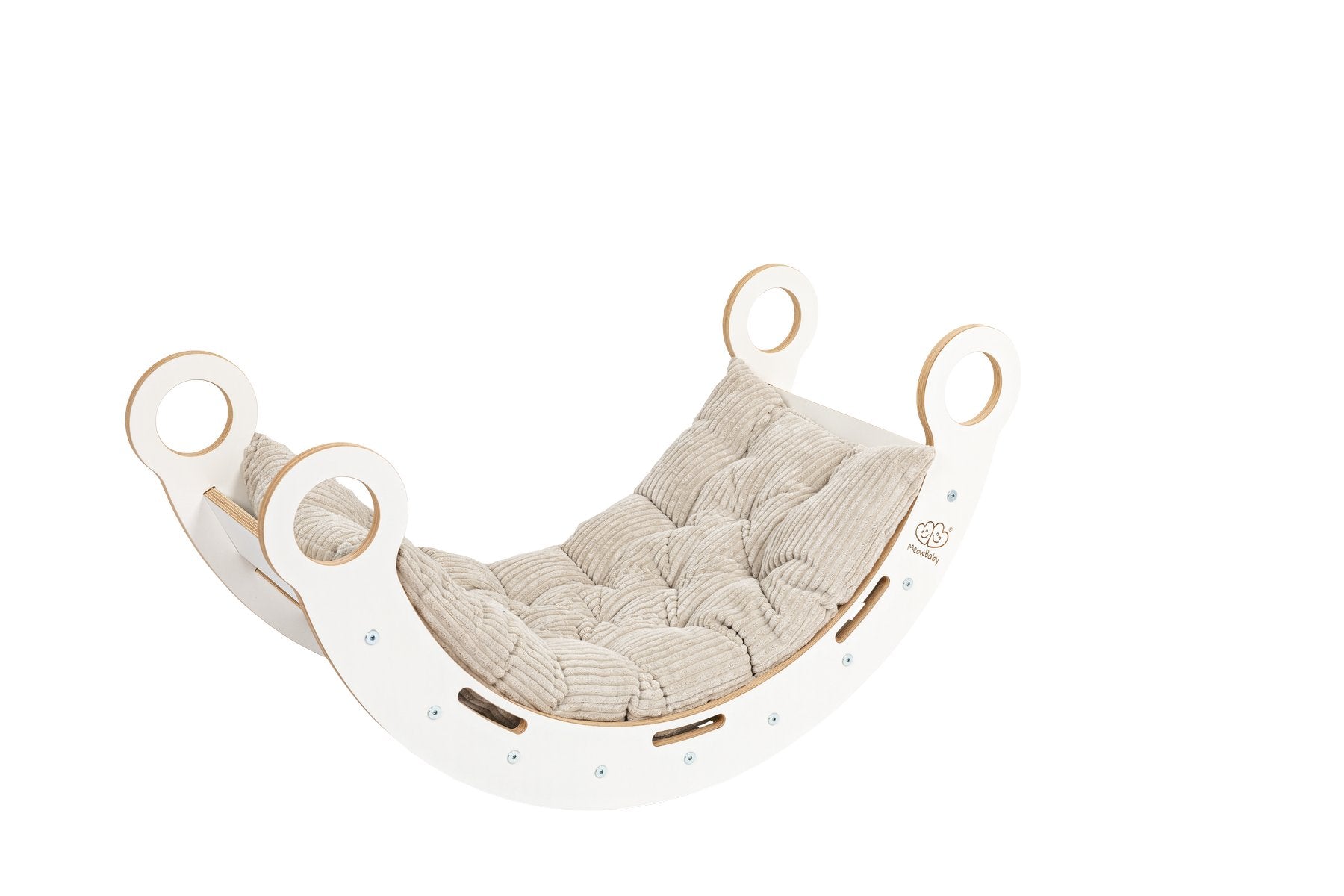 3. White wooden dream rocker with beige cushion on black background