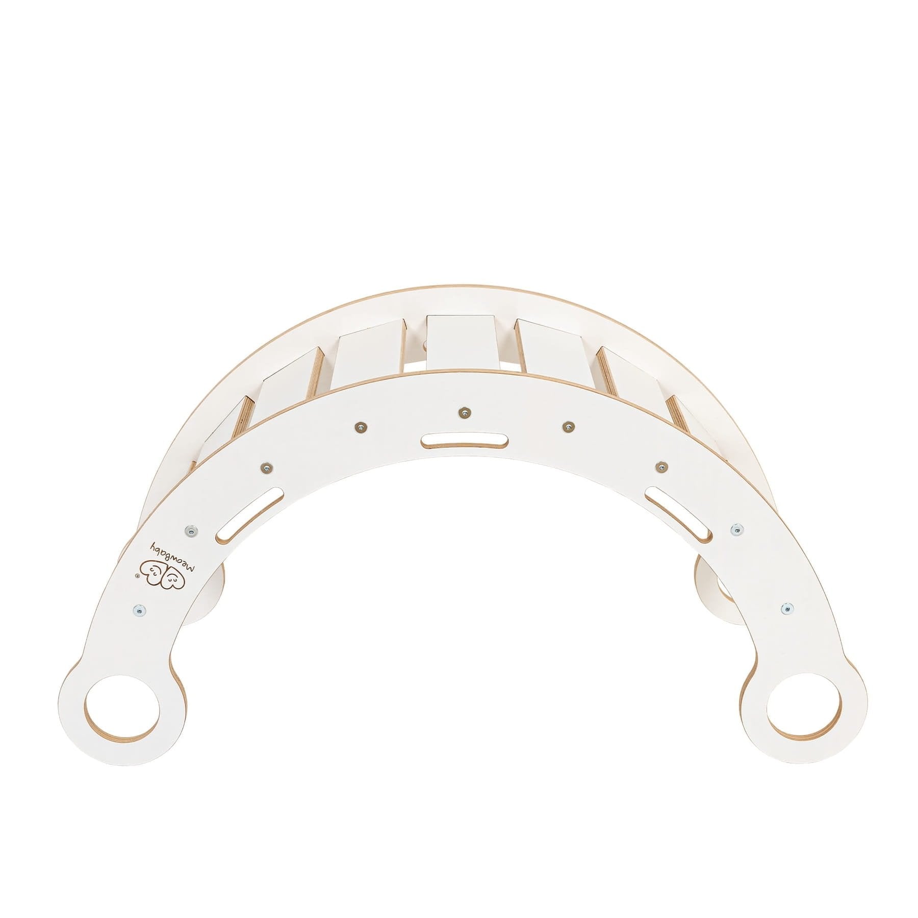 3. Side view of white wooden dream rocker, showing curved design and circular handles