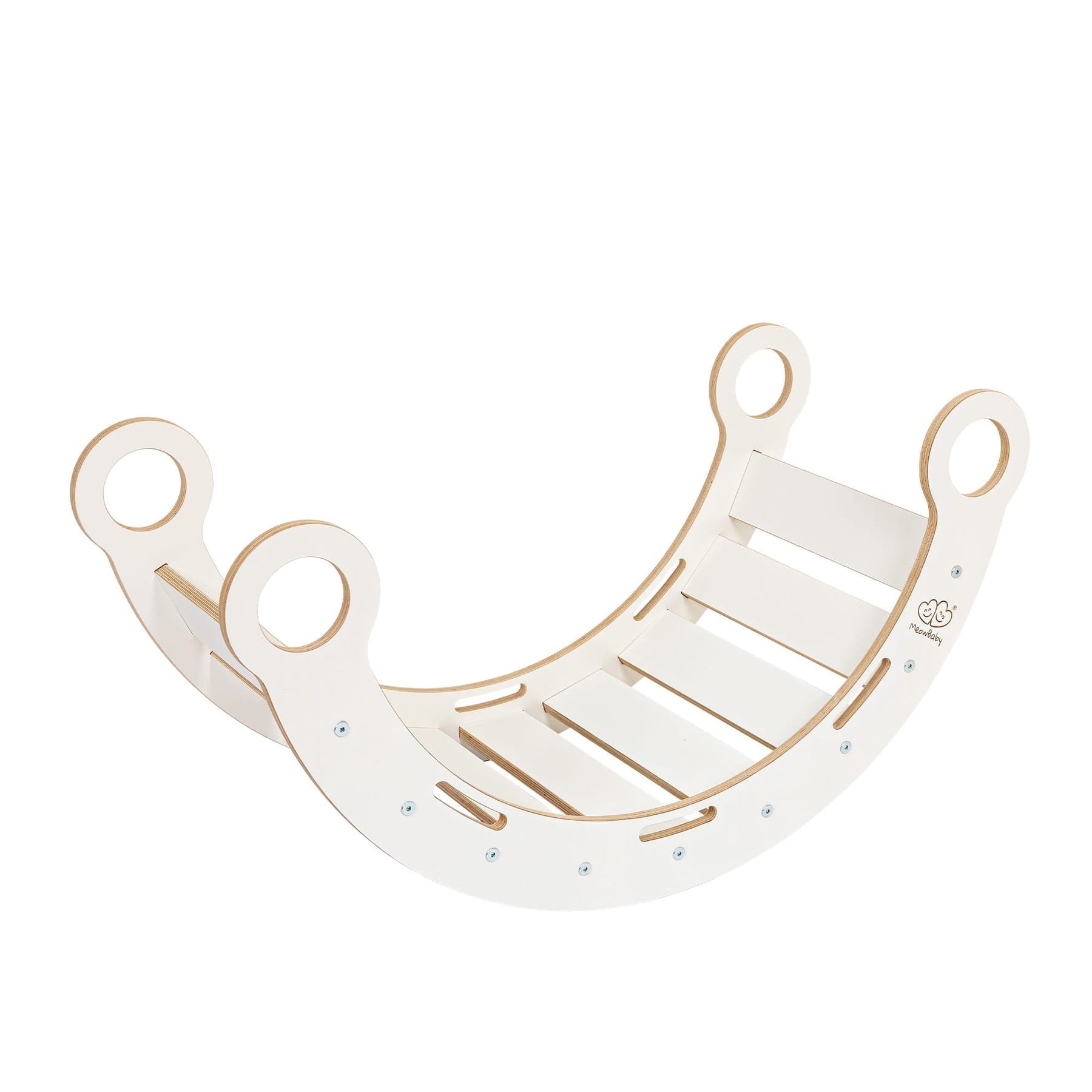 2. White wooden dream rocker with circular handles and slatted base in studio lighting