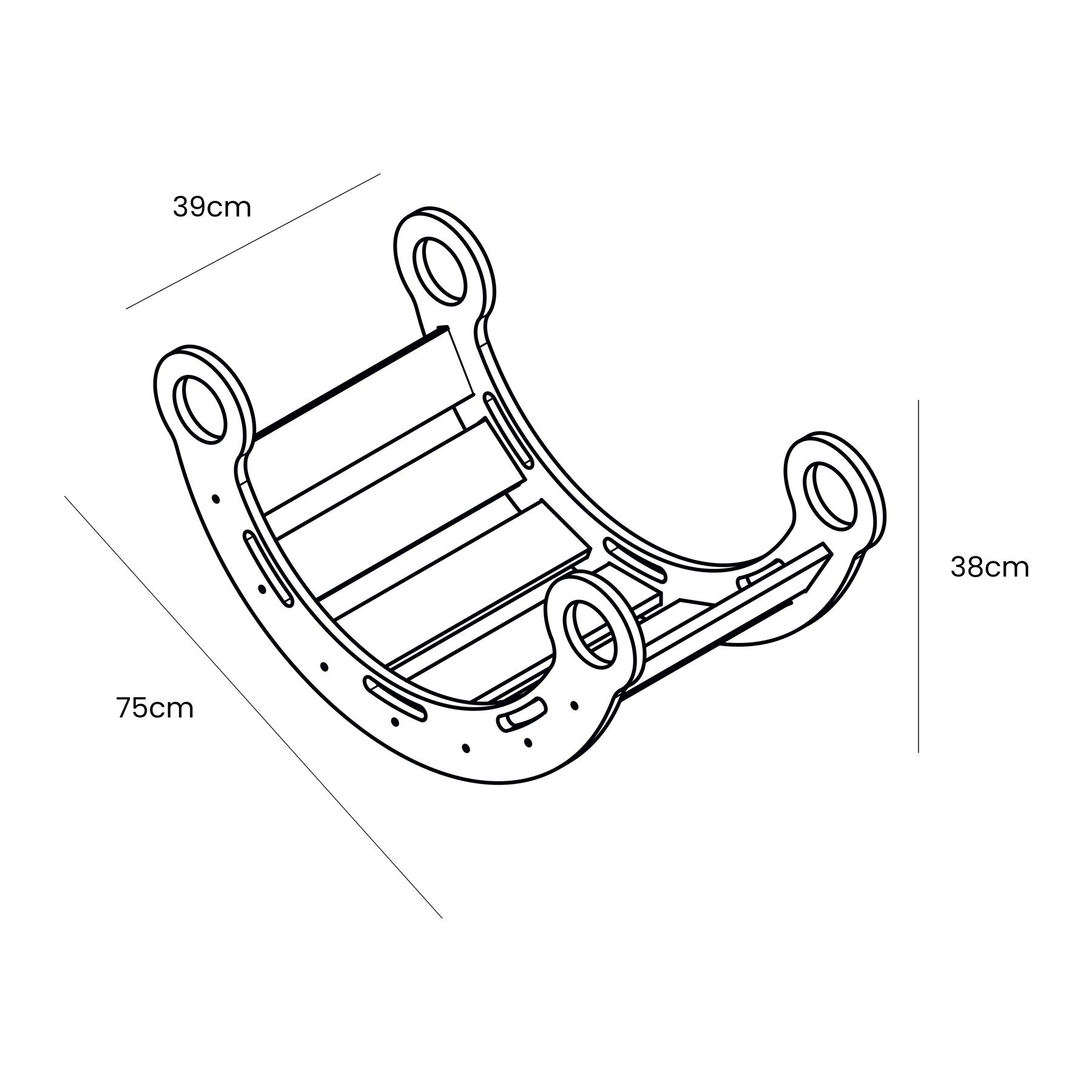 5. Size chart for white wooden dream rocker showing dimensions 75cm by 39cm by 38cm