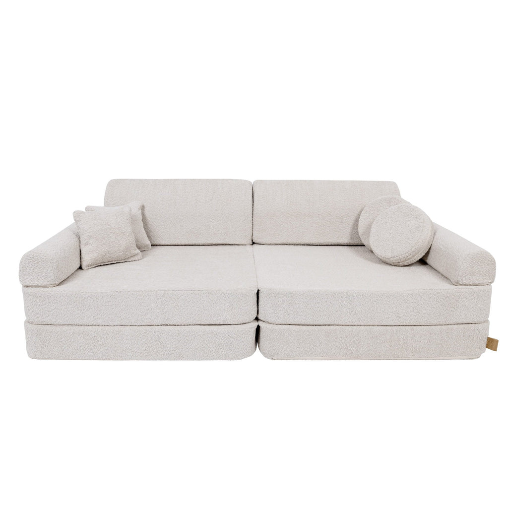 4. Large modular children's sofa in champagne ecru boucle fabric, shown in a standard sofa configuration with two backrests and four cushions