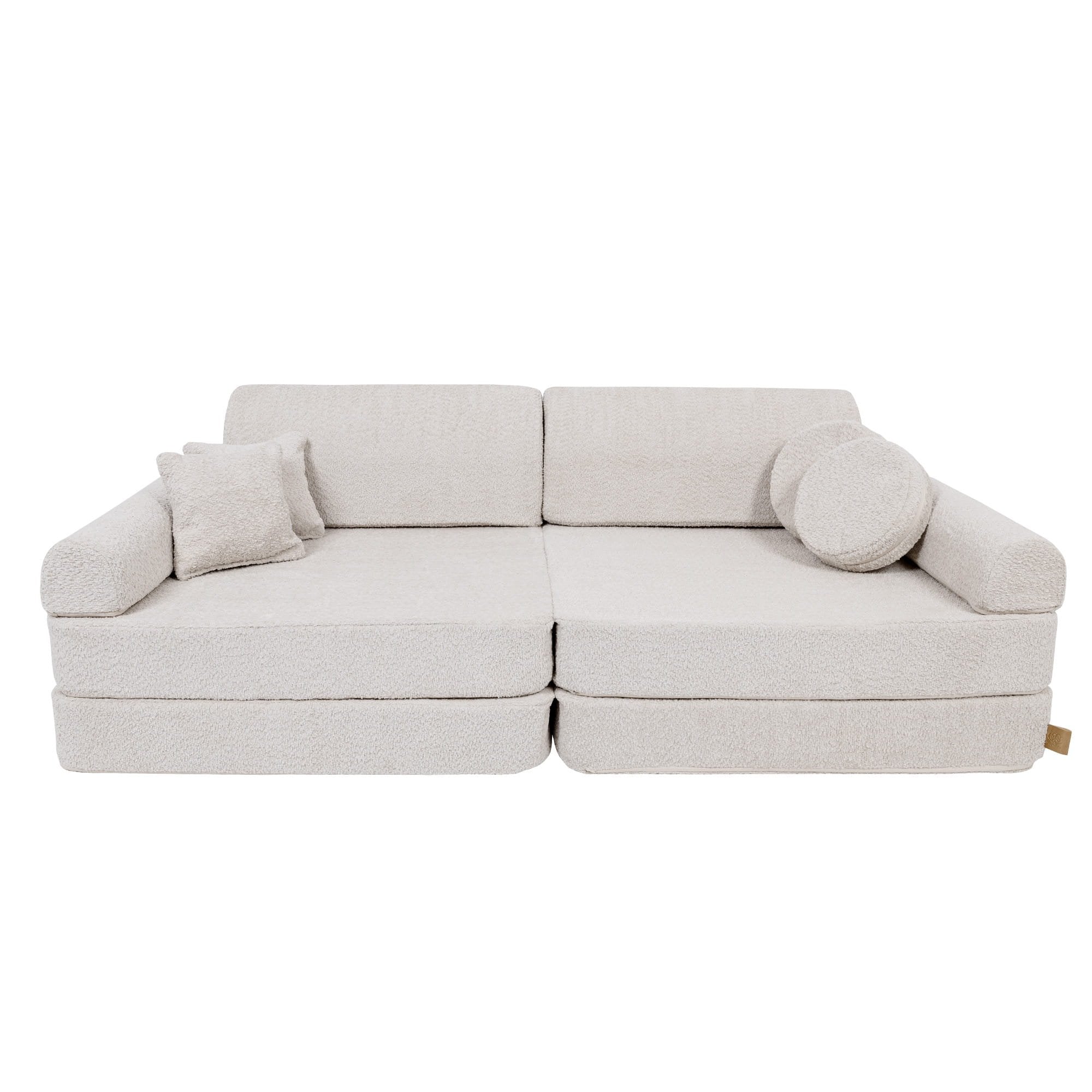 4. Large modular children's sofa in champagne ecru boucle fabric, shown in a standard sofa configuration with two backrests and four cushions