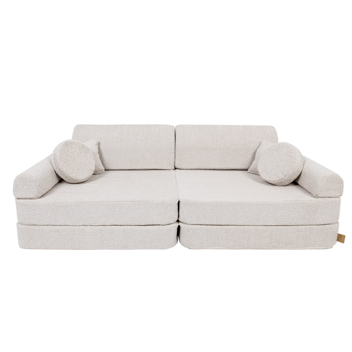 6. Large modular children's sofa in champagne ecru boucle fabric, shown with two backrests and four cushions